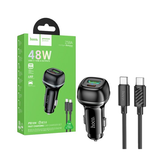 Hoco Car Charger Z58A Rank 2 Port USB+Type-C PD30W with Type-C to Type-C Cable 1m Black